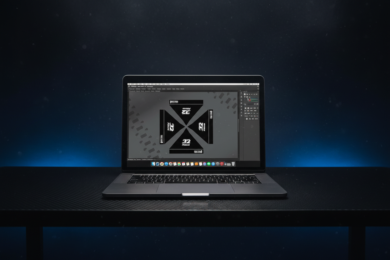 Banner Variant 1 – Carbon desk met blauwe verlichting